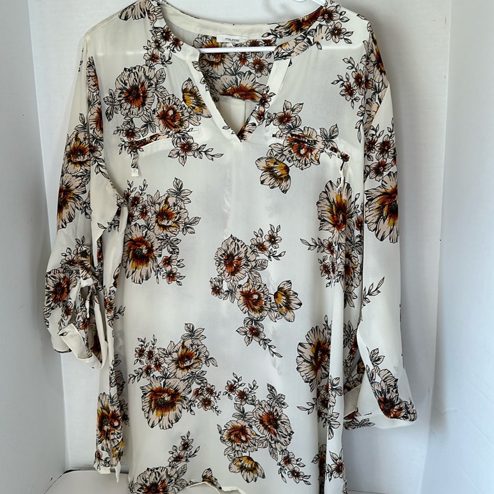 Maurice’s white semi sheer floral roll tab sleeve top size XXL